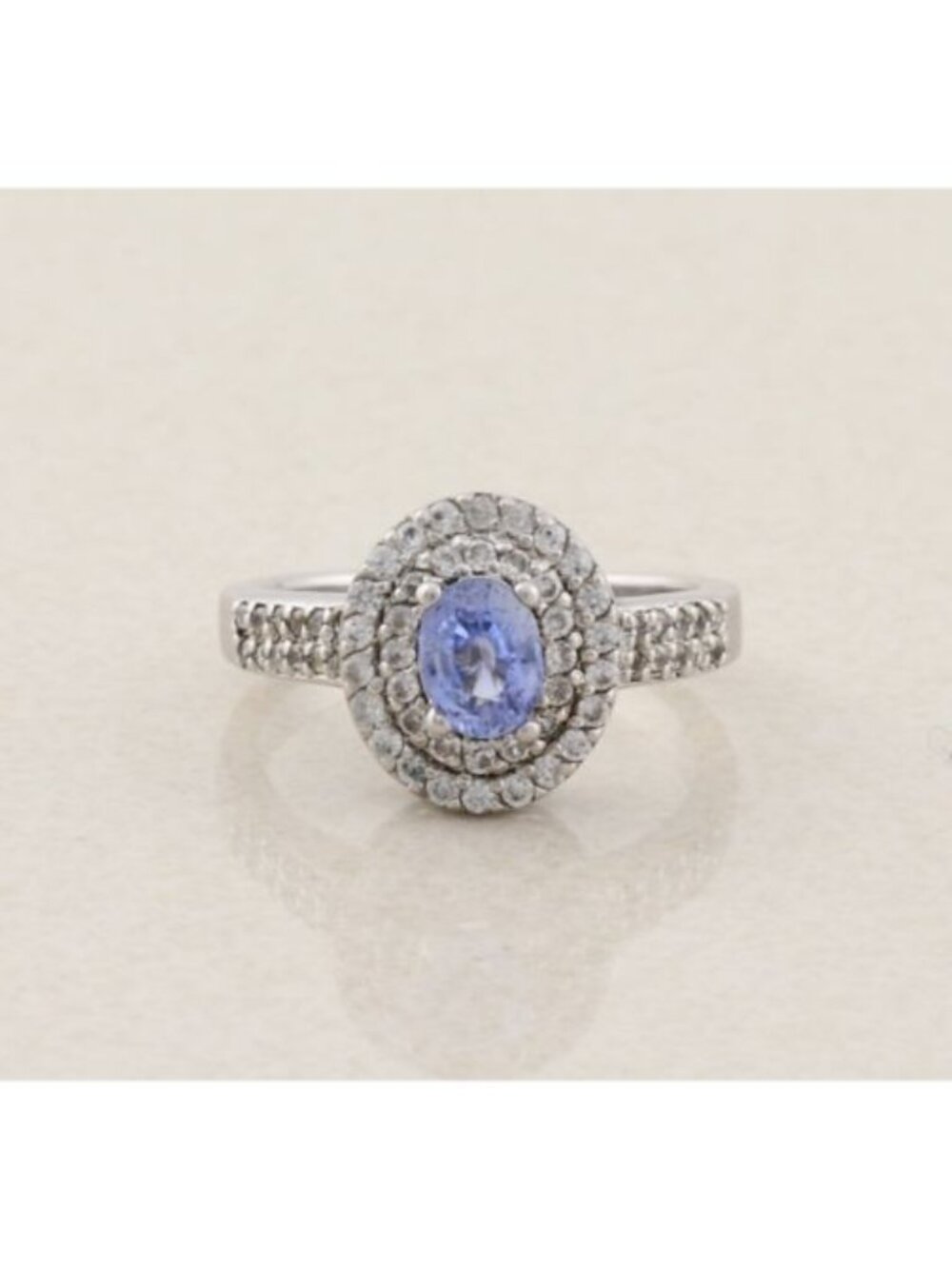 Sterling Silver Ceylon Blue Sapphire and White Zircon Halo Ring Size 9 1/4